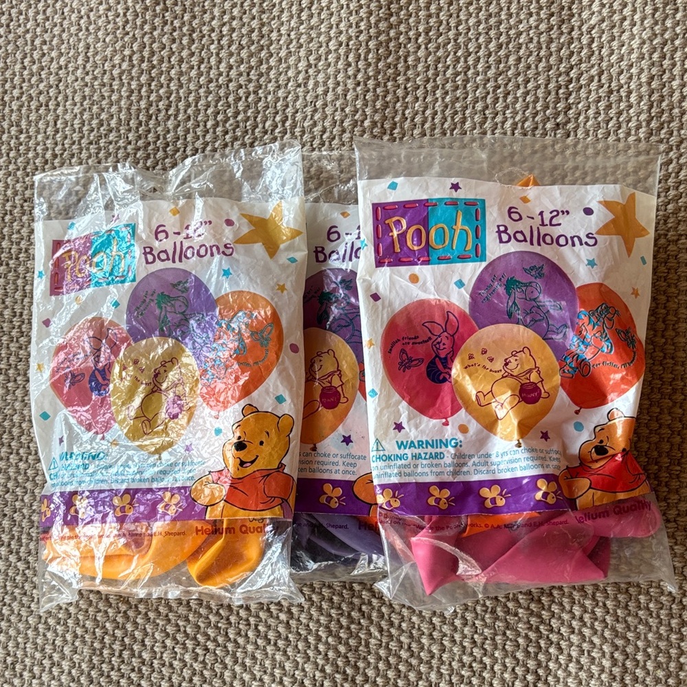 3 Vintage Pooh 6-12" Party Balloons - Yellow, Pink, Orange, Purple